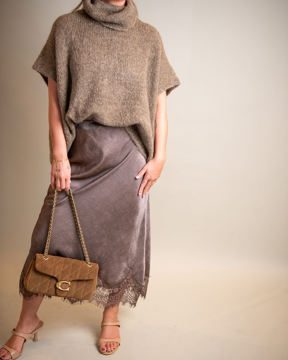 Lace Trim Satin Skirt